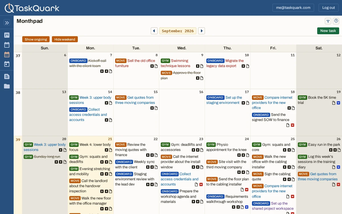 The TaskQuark app on the Monthpad grid for September: tasks from three projects laid out on their dates, done ones struck through, the current week highlighted