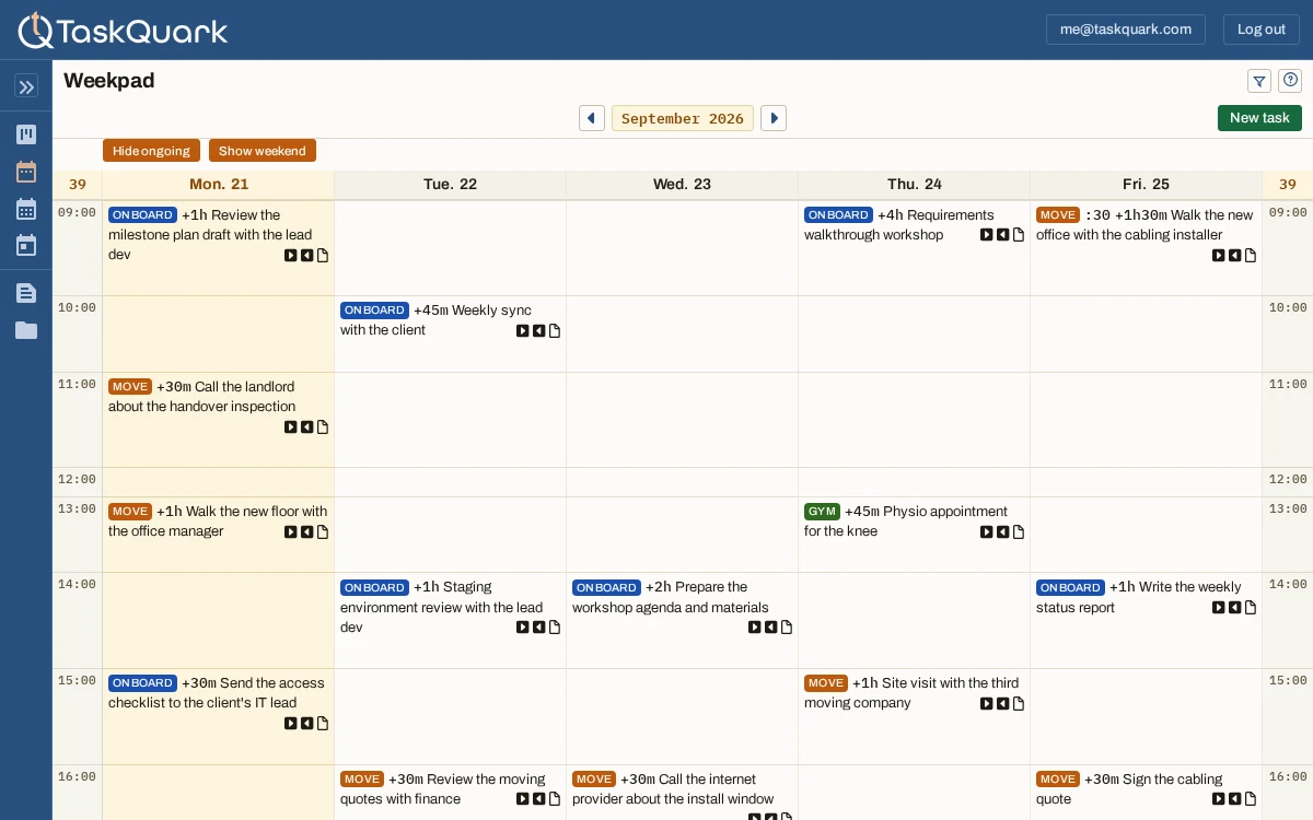 The TaskQuark app on the Weekpad: five weekday columns for one week, weekend hidden, with timed tasks from three projects placed on the hours