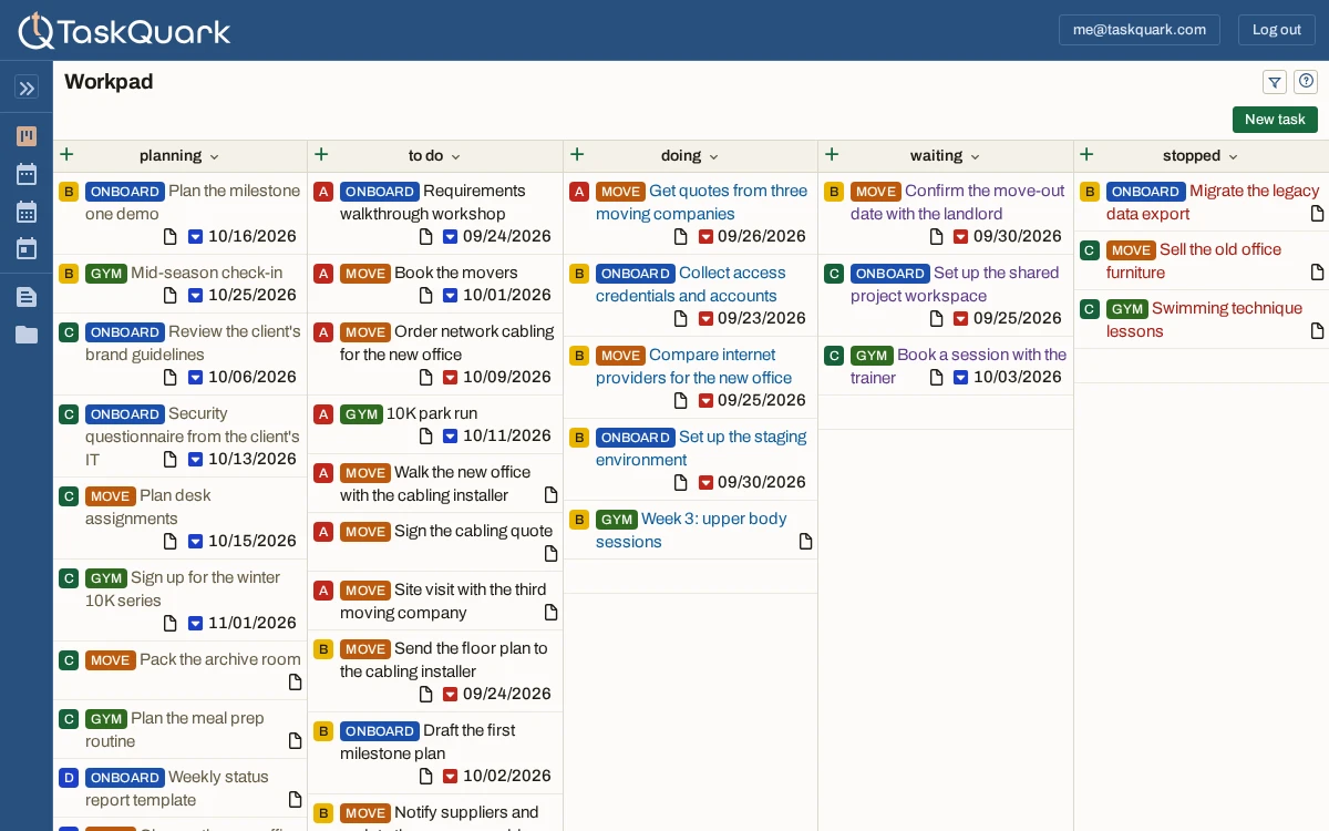 The TaskQuark app on the Workpad board: planning, to-do, doing, waiting, and stopped columns with tasks from three projects across them